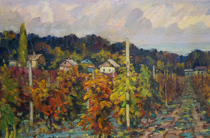 Oil painting Vineyards in the village Petr Kolomoitsev autumn landscape
