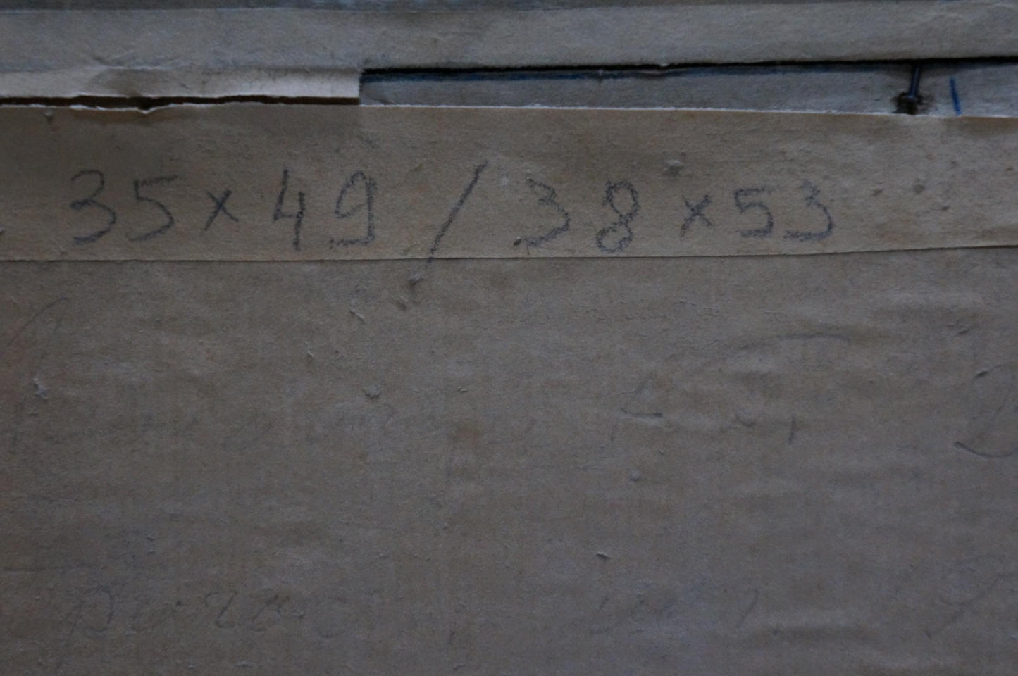 Back of Oil painting In Port showing beige cardboard strip with handwritten black marker measurements