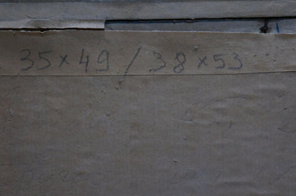 Back of Oil painting In Port showing beige cardboard strip with handwritten black marker measurements