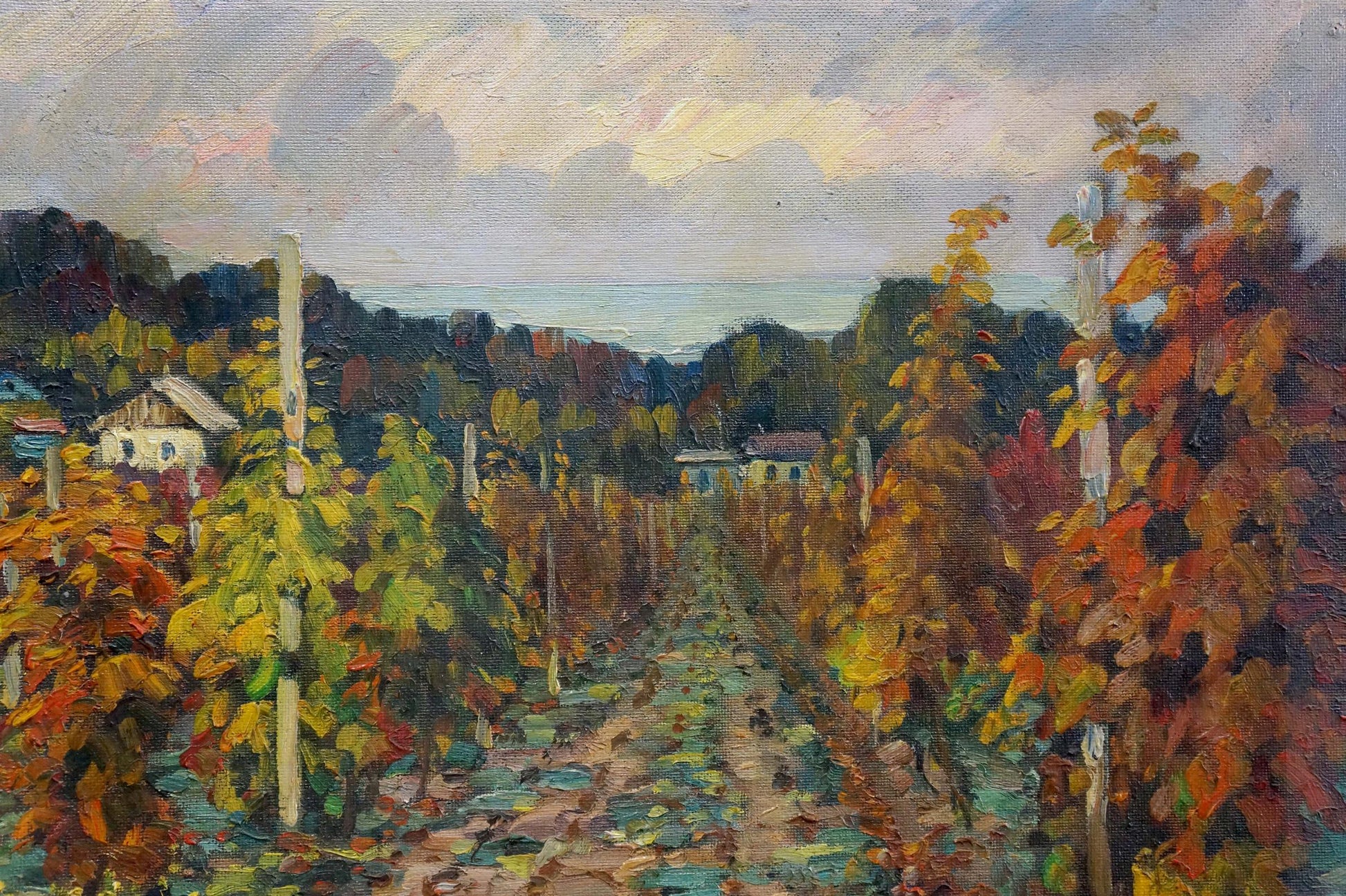 Autumn vineyards in village painting by Petr Kolomoitsev