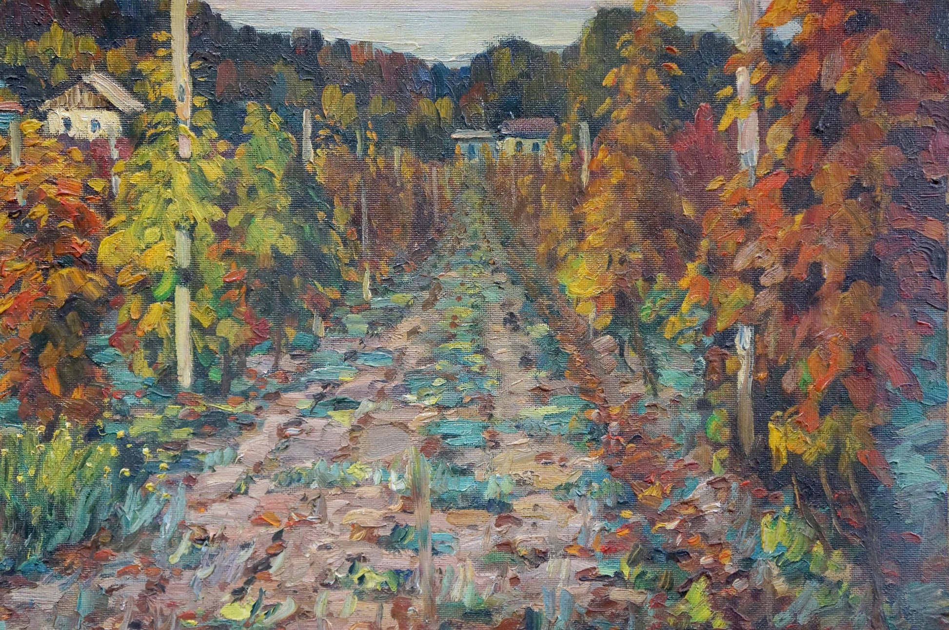 Vibrant autumn vineyards in village by Petr Kolomoitsev oil painting