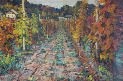 Vibrant autumn vineyards in village by Petr Kolomoitsev oil painting