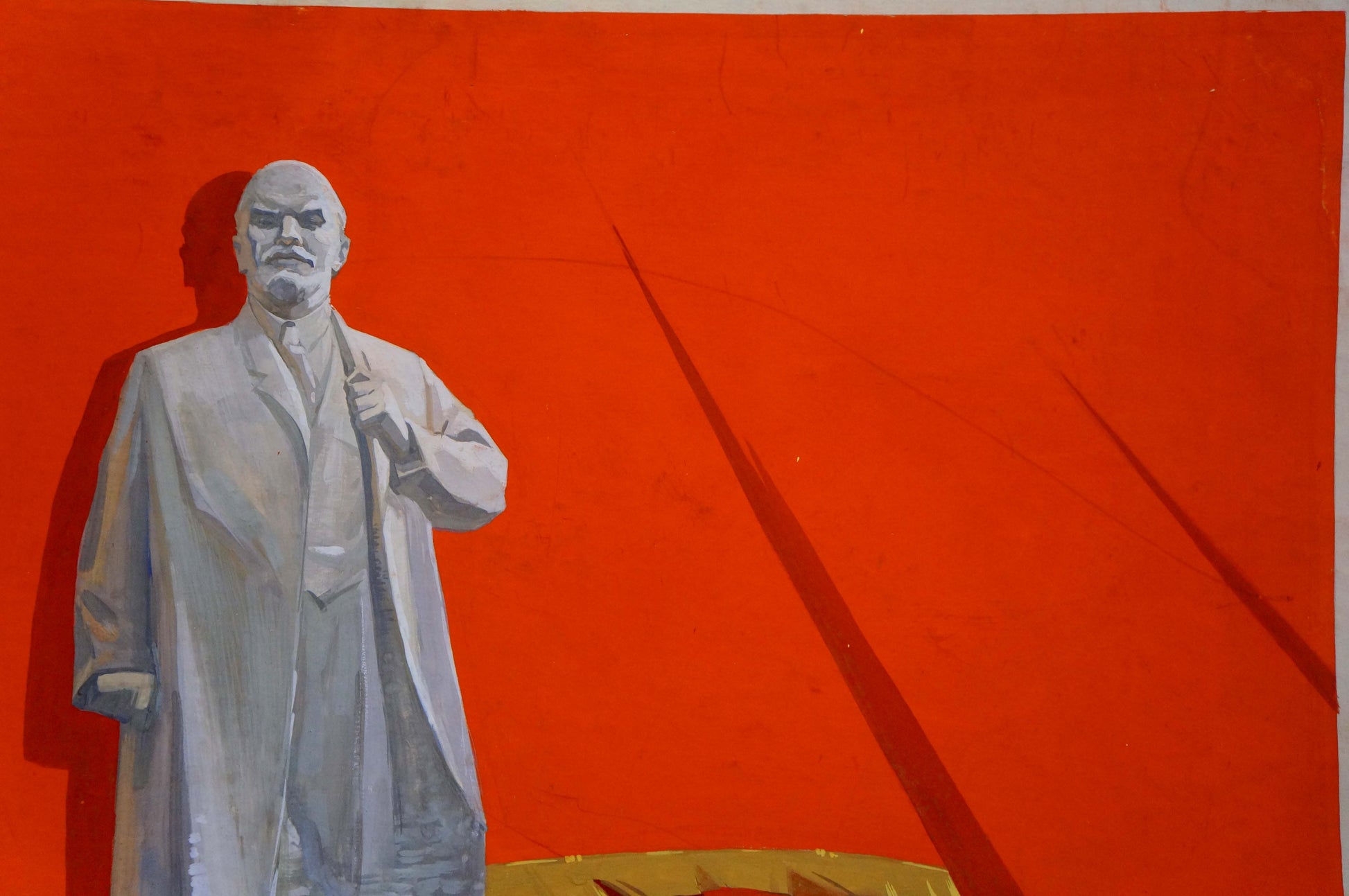 Painting portrait of Vladimir Lenin in light gray overcoat on red background