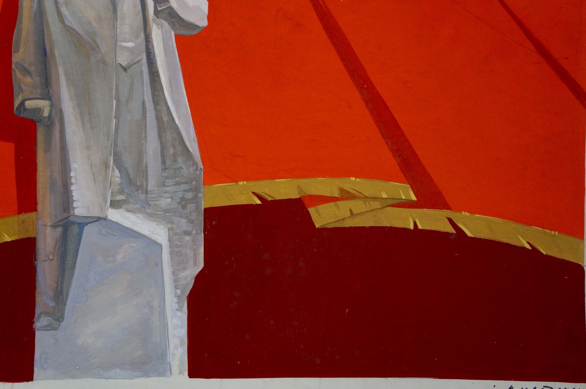 Gray stone Lenin statue in formal attire on red gold background