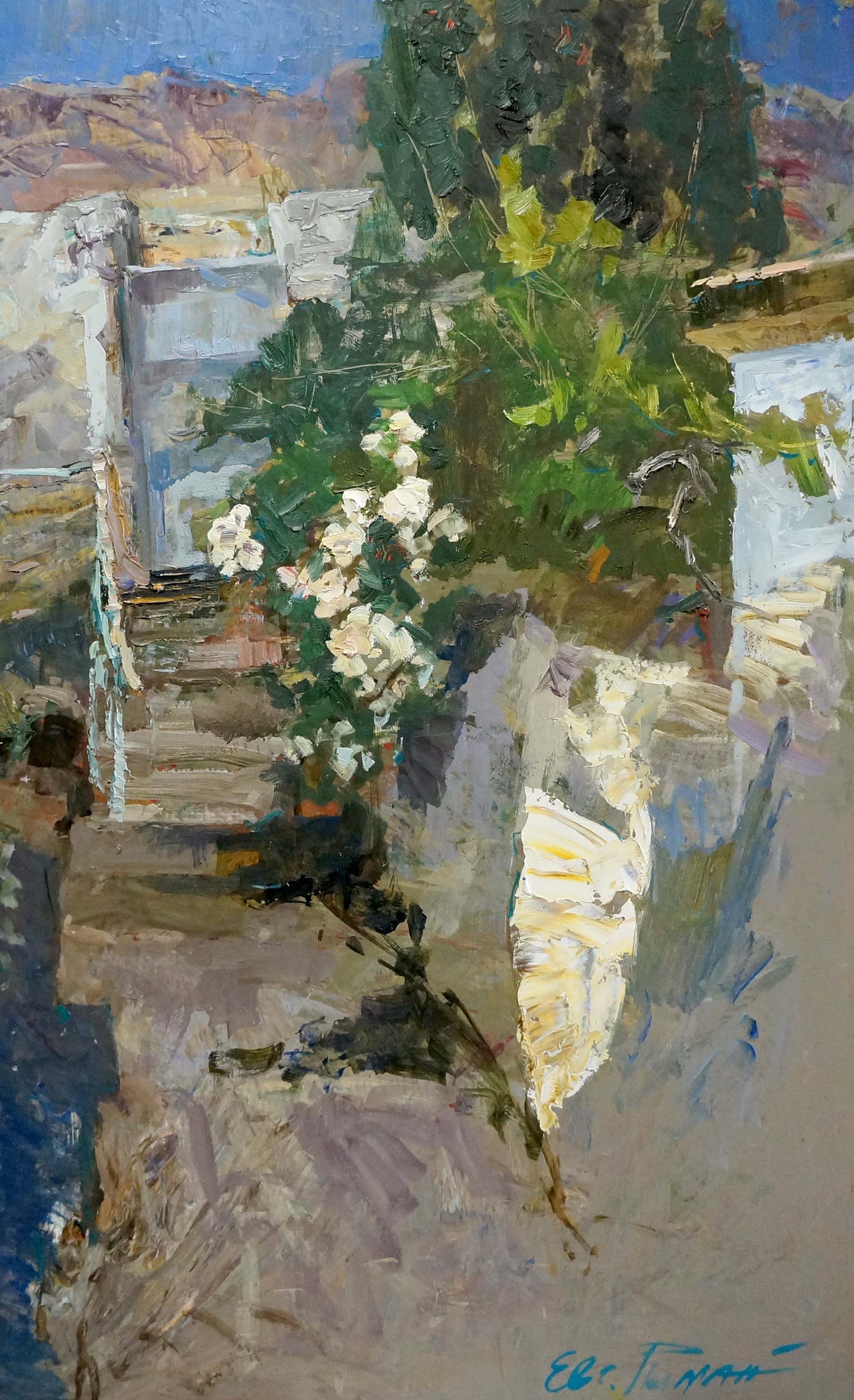 Oil painting Old Courtyard by Ryman Evgeny Nikolaevich, lush tree blossoms