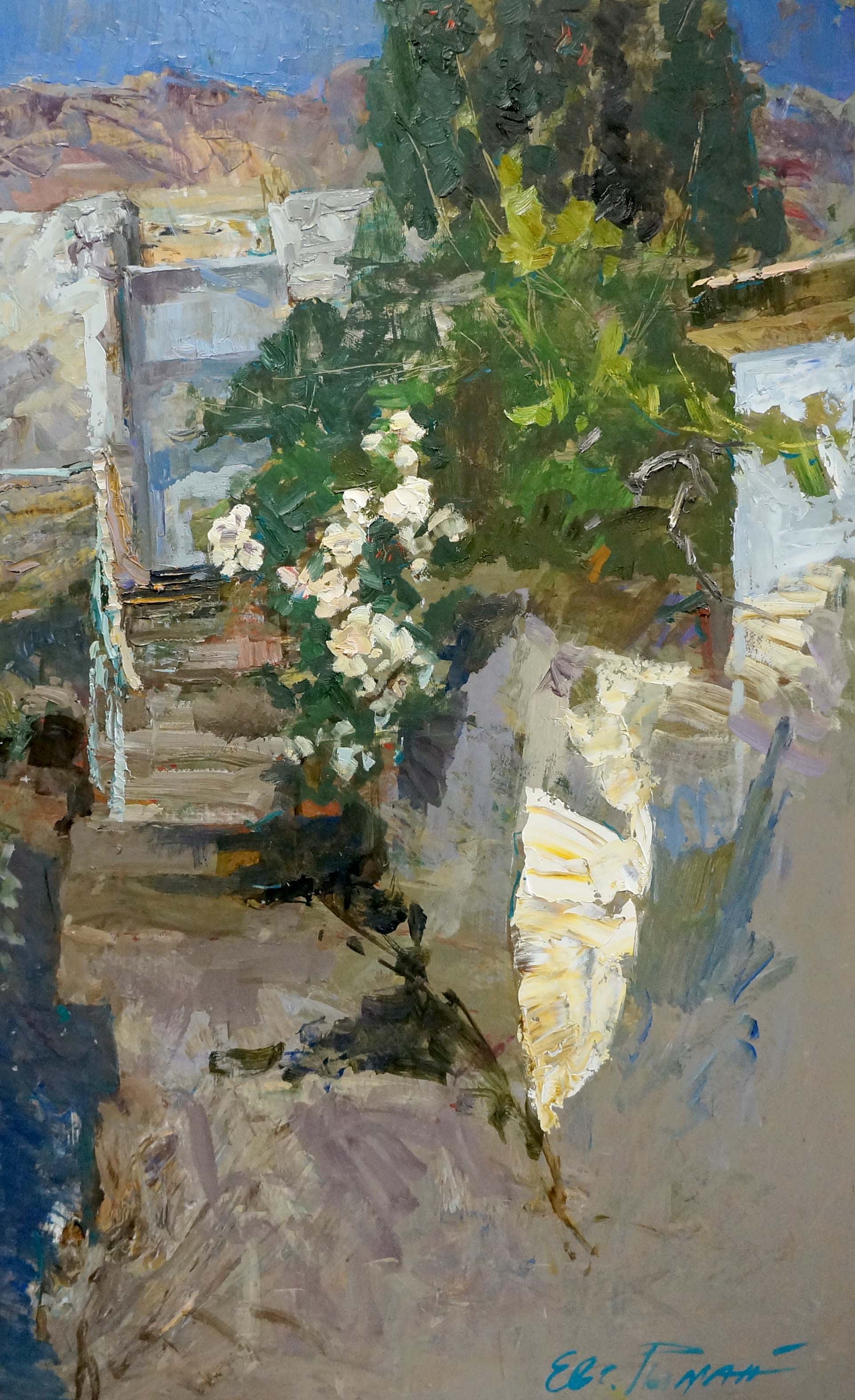 Oil painting Old Courtyard by Ryman Evgeny Nikolaevich, lush tree blossoms