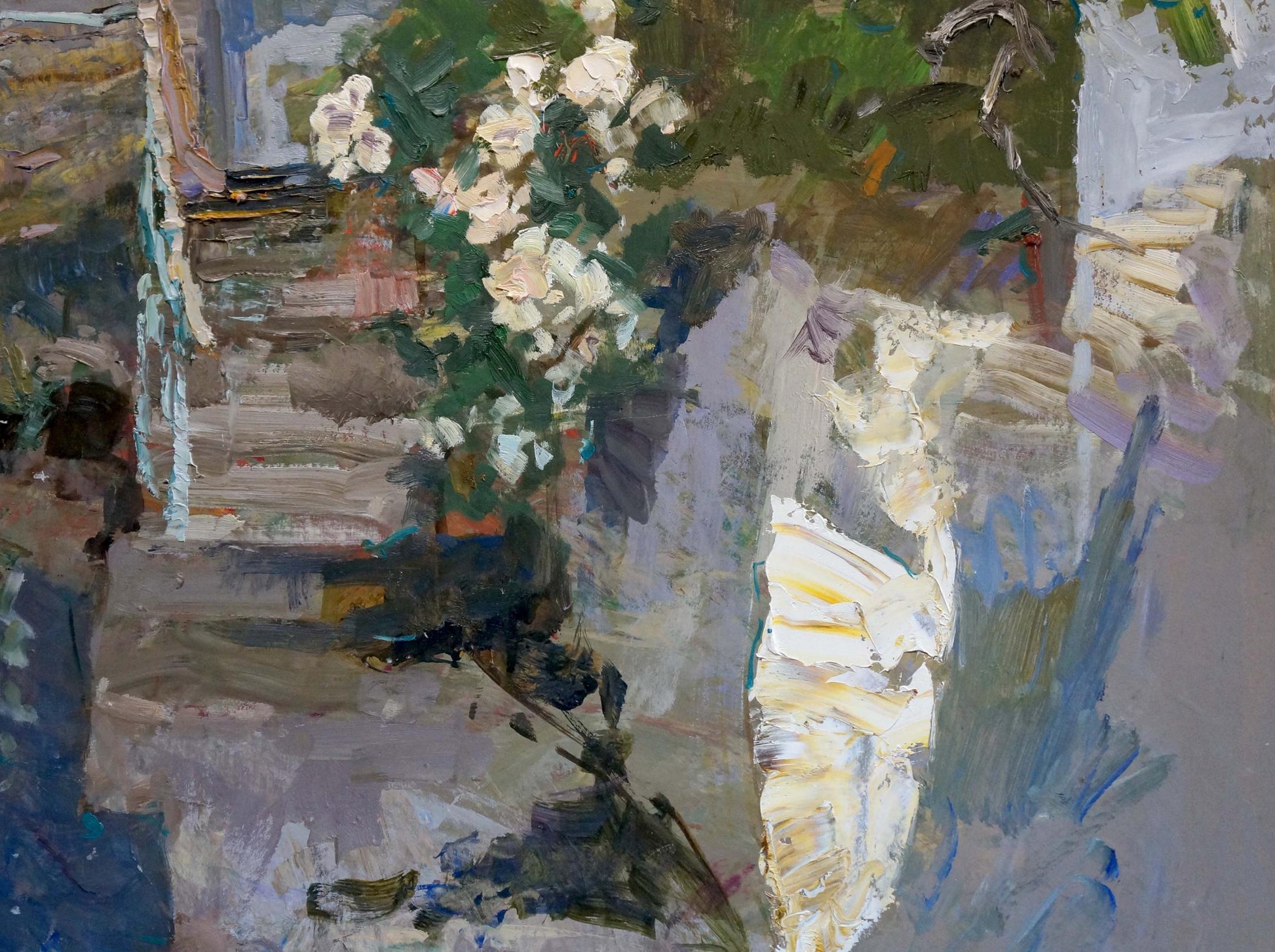 Impressionistic oil painting of old courtyard with white flowers by Ryman Evgeny Nikolaevich