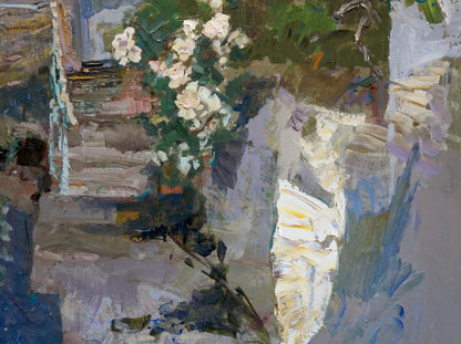 Impressionistic oil painting of old courtyard with white flowers by Ryman Evgeny Nikolaevich