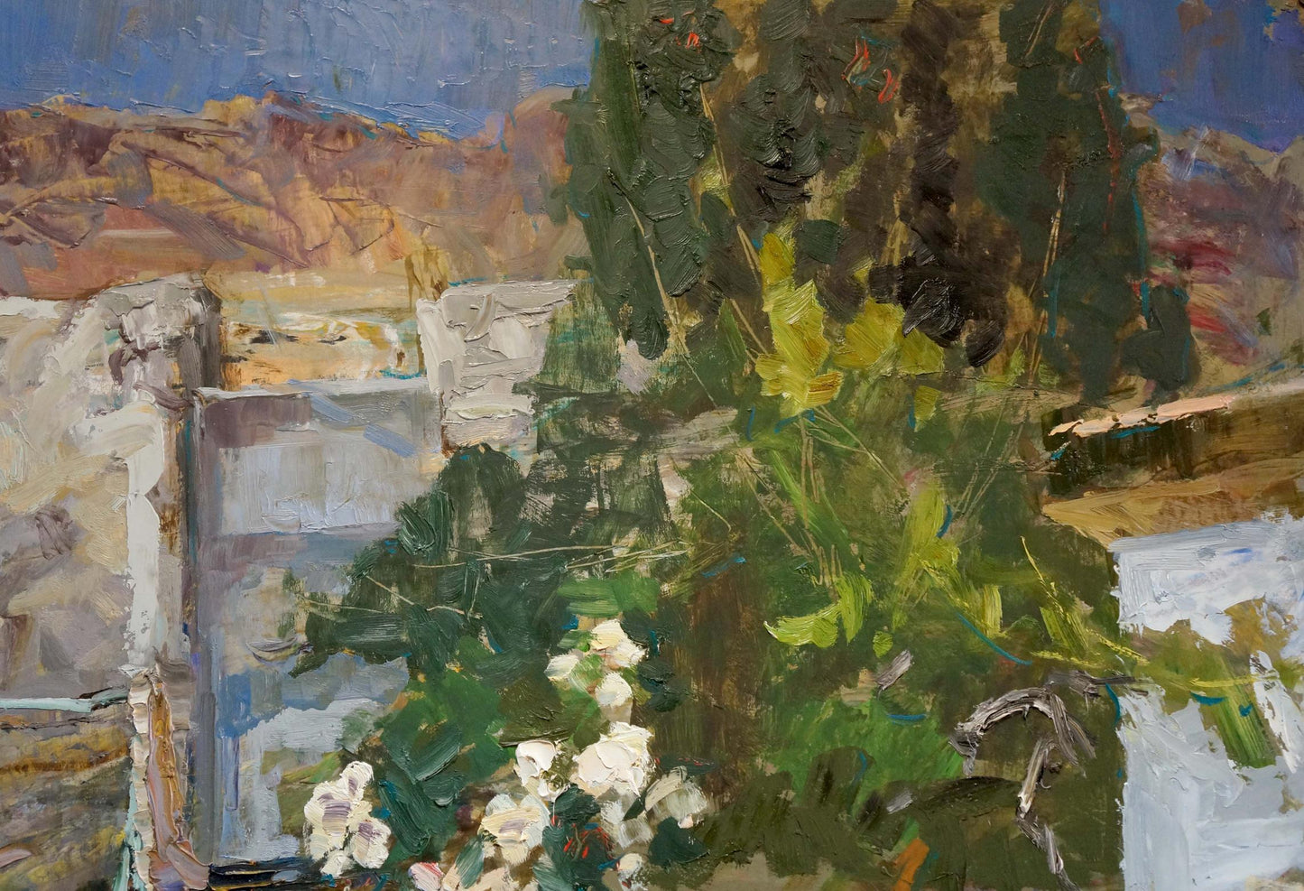 Oil painting Old courtyard by Ryman Evgeny Nikolaevich with lush green foliage