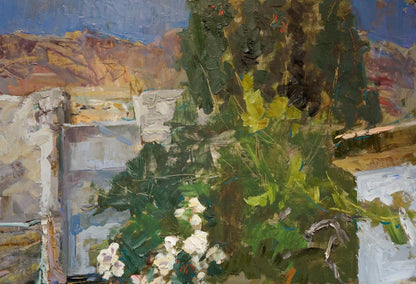Oil painting Old courtyard by Ryman Evgeny Nikolaevich with lush green foliage
