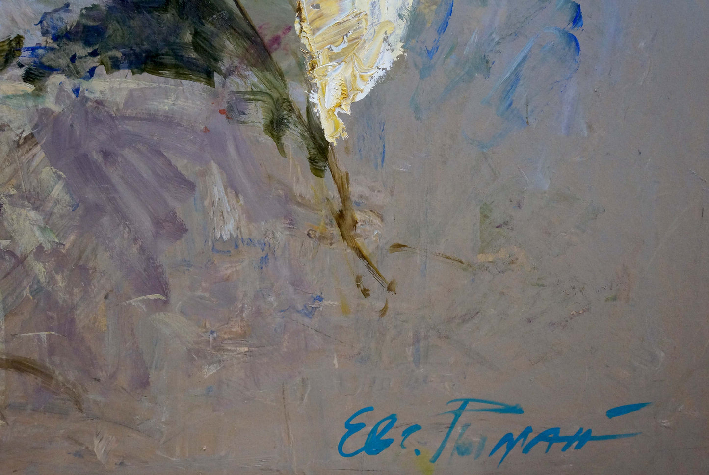 Oil painting Old courtyard by Ryman Evgeny Nikolaevich, textured abstract lavender blue white strokes