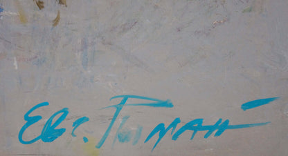 Blue e.b. cursive signature on back of Ryman Evgeny Nikolaevich oil painting