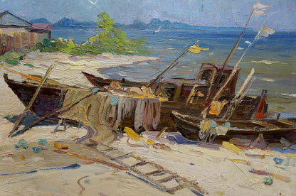 Oil painting by Yarovoy Stepan Kalinovich: weathered boats on sandy shore