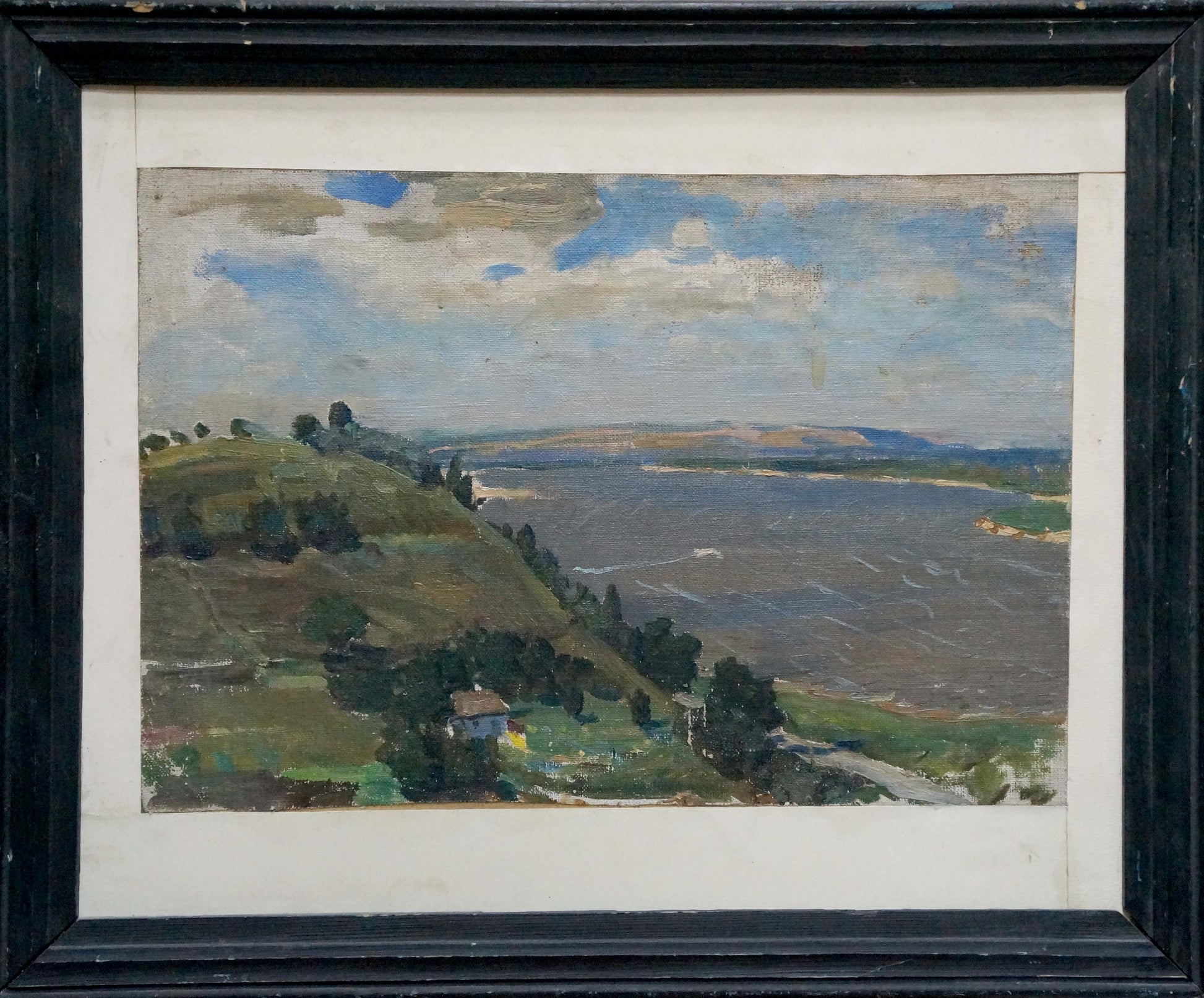 Framed Oil painting Landscape of the plains with green hills and river