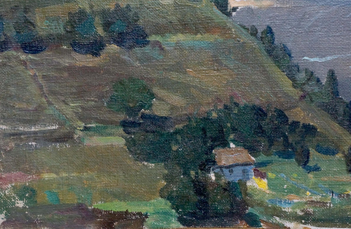 Oil painting of rustic house with brown roof on green hillside plains