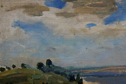 Textured oil painting of soft blue-gray cloudy sky over rolling green hills in Oil painting Landscape of the plains