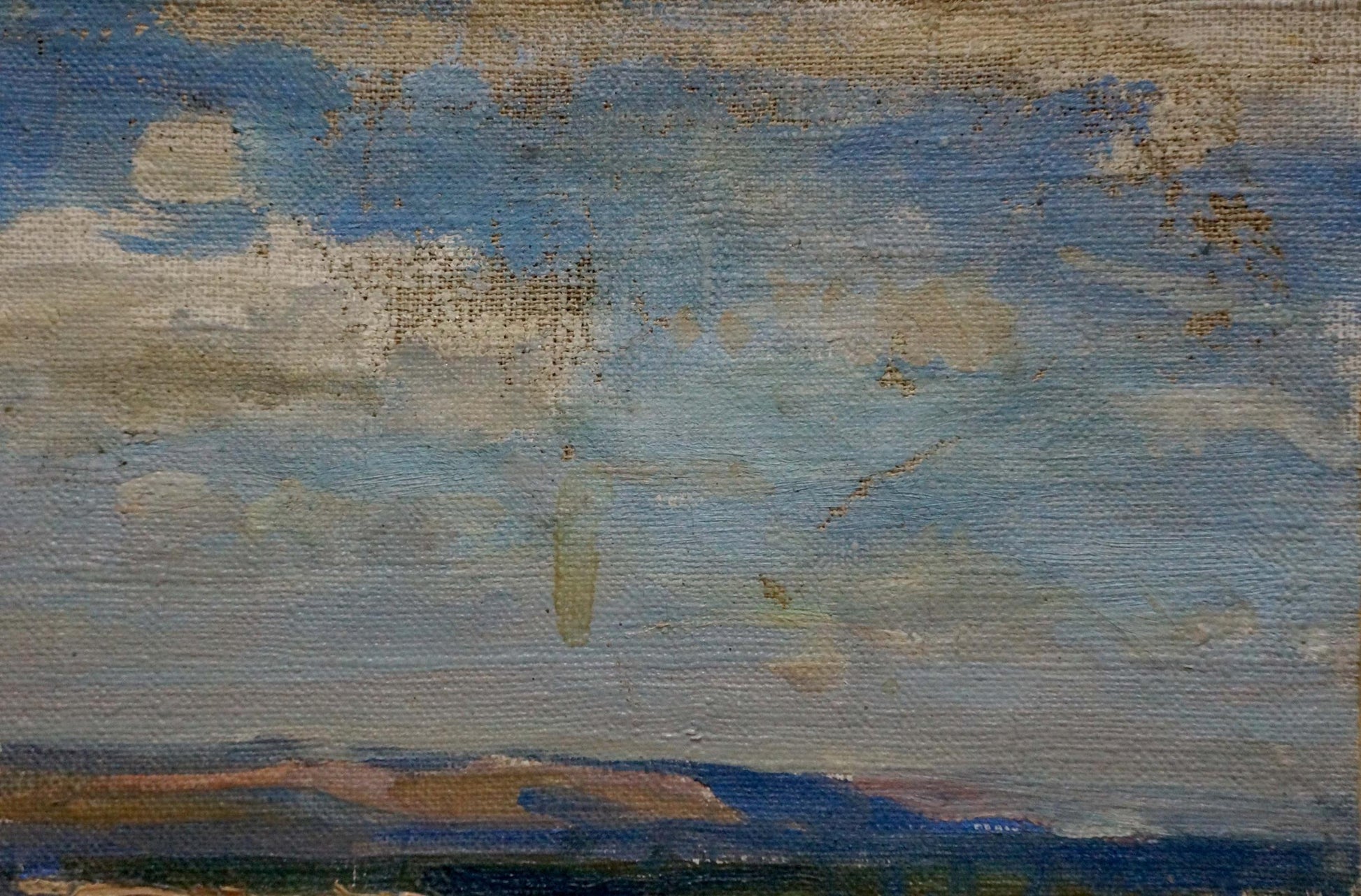 Oil painting landscape of plains with soft blue sky and muted earth tones