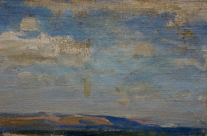 Oil painting landscape of plains with soft blue sky and muted earth tones