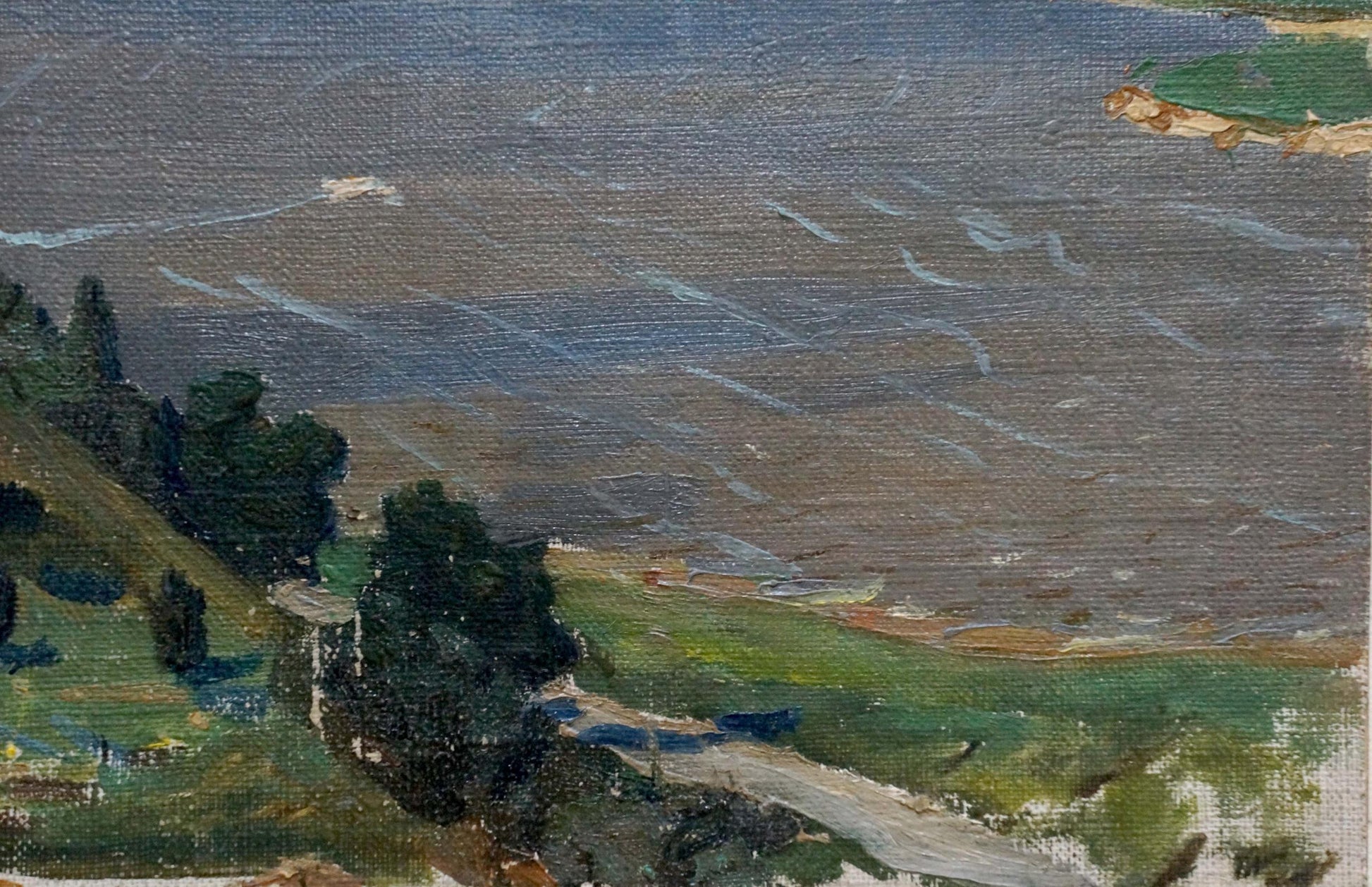 Textured oil painting of plains landscape with green trees, hills, gray-blue water