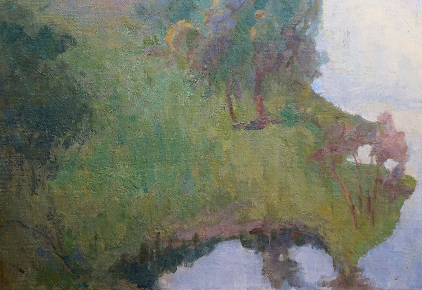 Oil painting The river flows by Fedorov Nikolay Alekseevich, lush green hillside