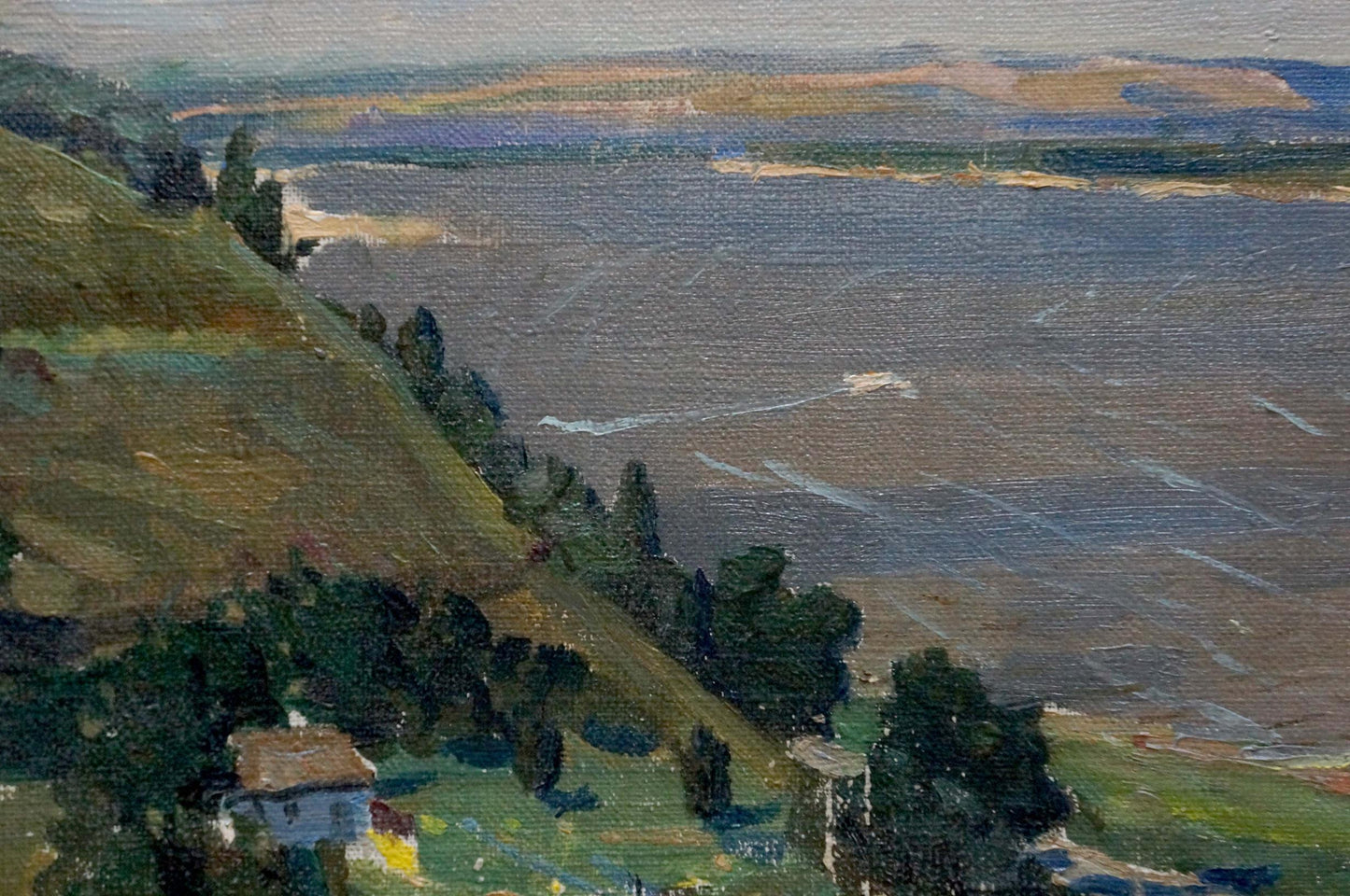 Oil painting of serene plains landscape with green hills, trees, and water