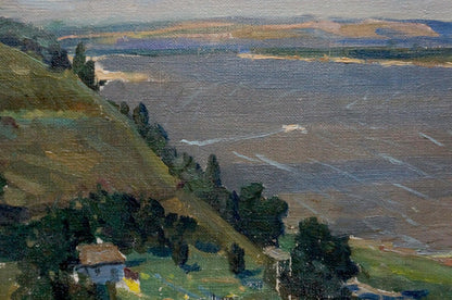 Oil painting of serene plains landscape with green hills, trees, and water