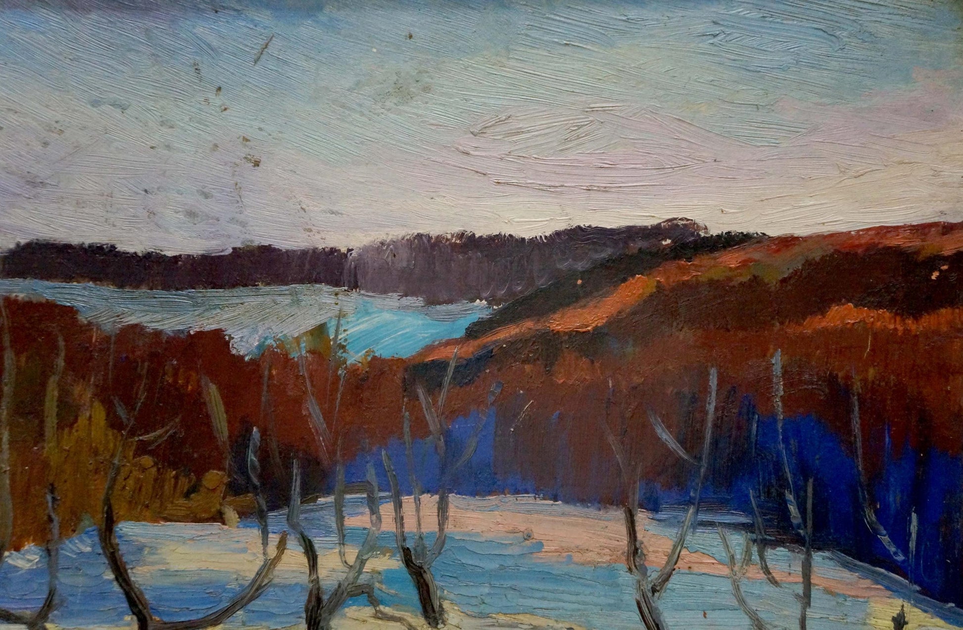 Textured oil painting Winter Tkachenko M.S. with snow-covered landscape