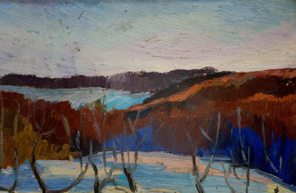 Textured oil painting Winter Tkachenko M.S. with snow-covered landscape