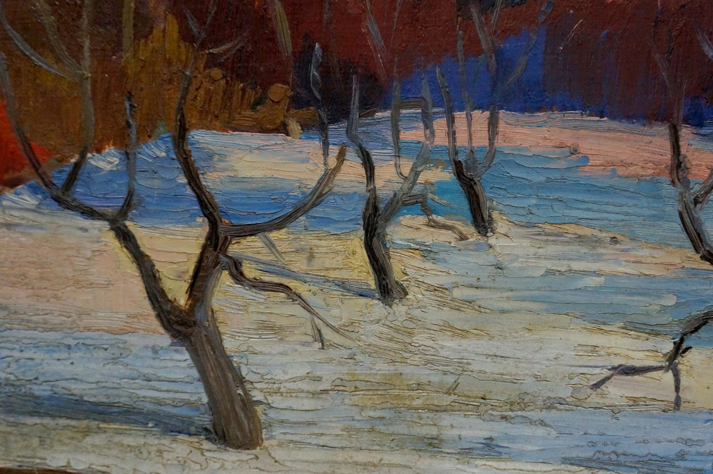 Oil painting Winter Tkachenko M.S.: bare trees in snowy landscape under red-blue sky