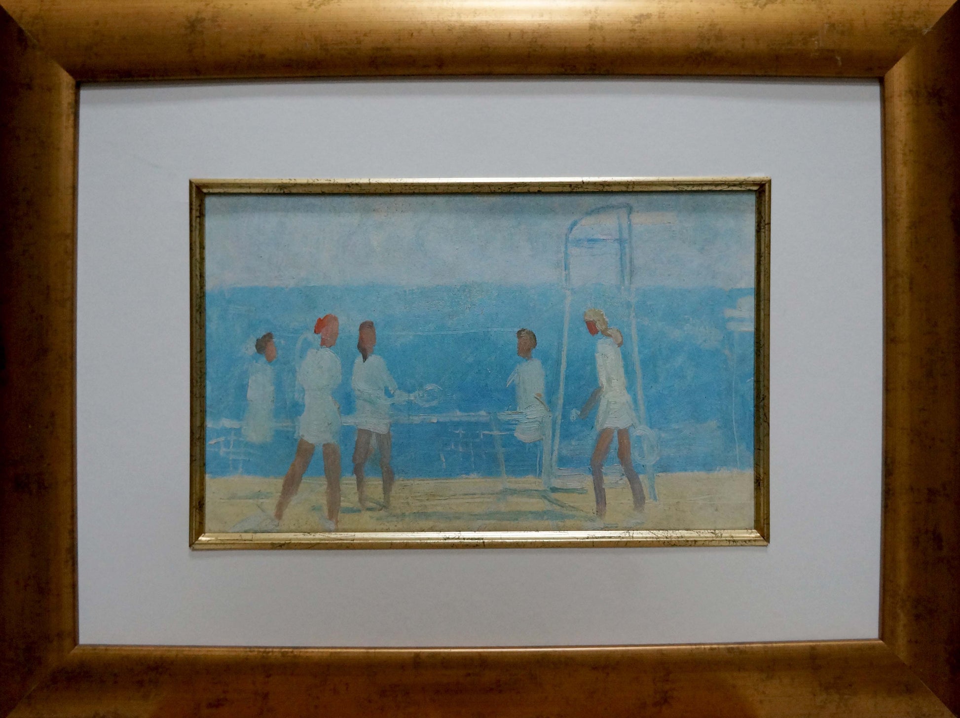 Oil painting of tennis players: five figures in white on beach, blue tones