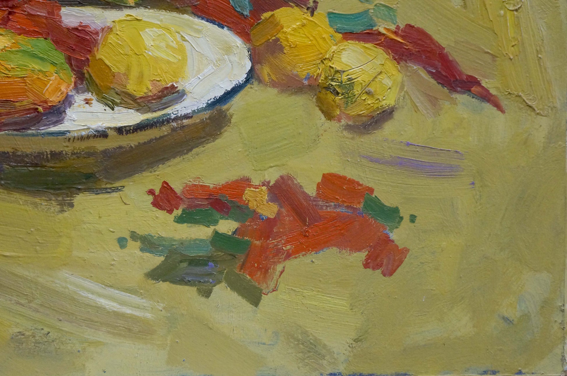 Oil painting by Dmitriev Alexander Vladimirovich: white plate with blue rim and yellow lemons