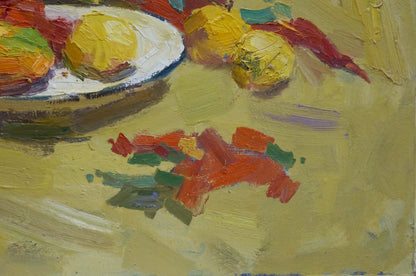 Oil painting by Dmitriev Alexander Vladimirovich: white plate with blue rim and yellow lemons