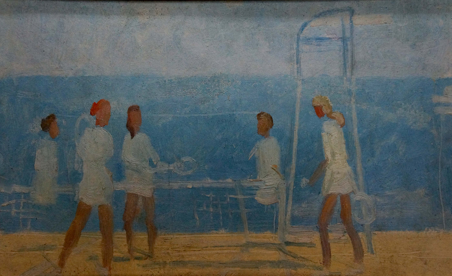 Oil painting of tennis players: five figures in white on beach with racket near arch