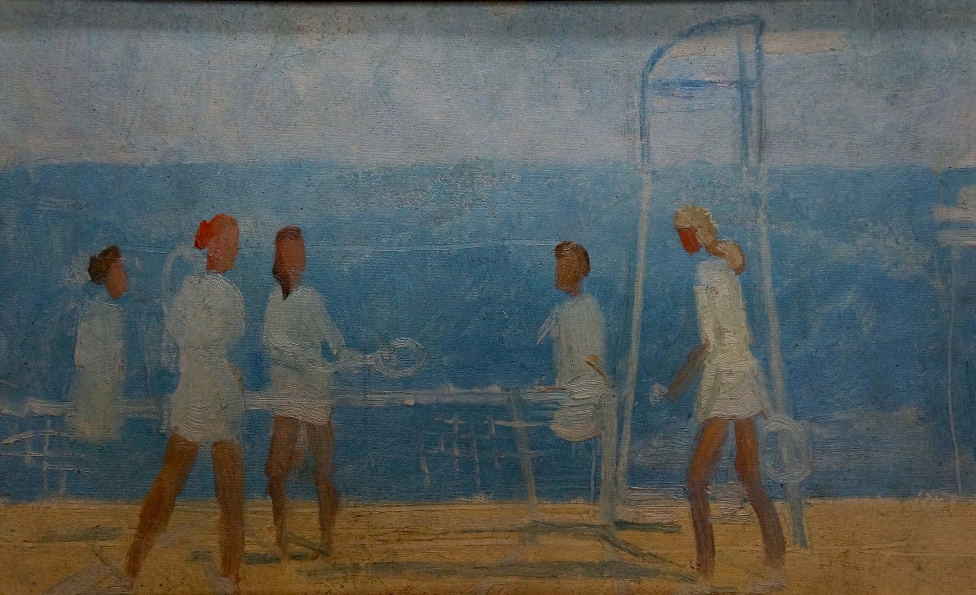 Oil painting of tennis players: five figures in white on beach with racket near arch