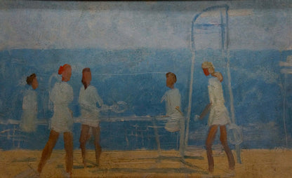 Oil painting of tennis players: five figures in white on beach with racket near arch