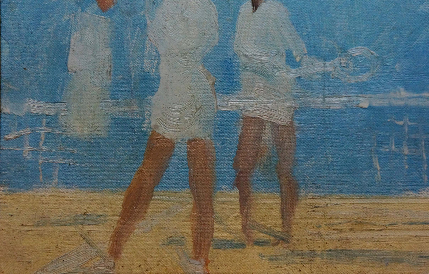 Oil painting of tennis players in white on sandy beach under blue sky