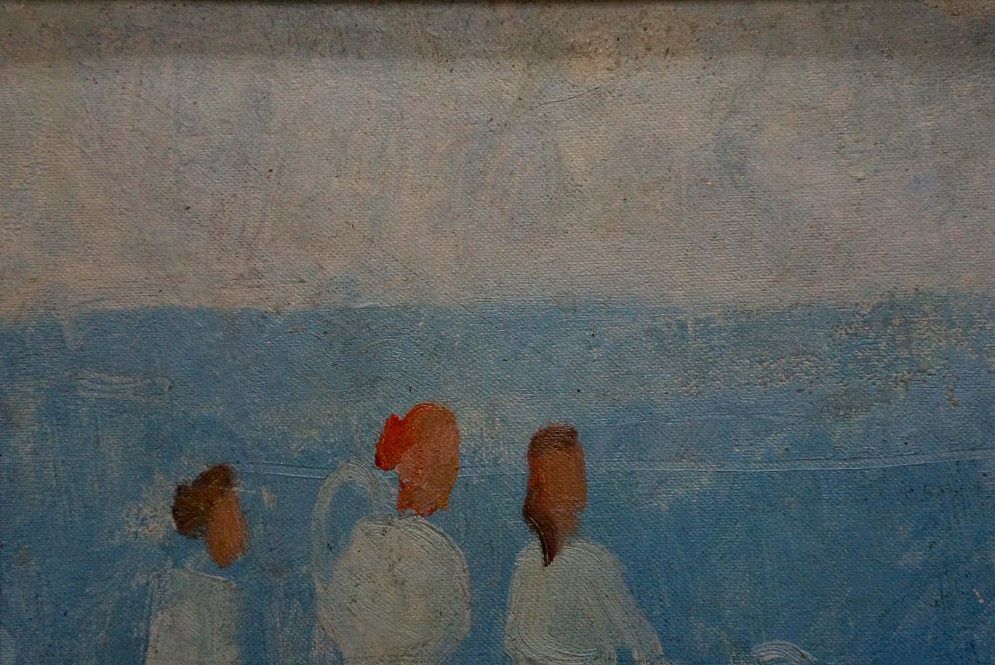 Oil painting of three stylized white tennis players on textured blue-gray canvas