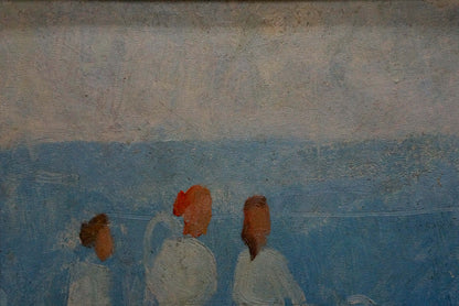 Oil painting of three stylized white tennis players on textured blue-gray canvas