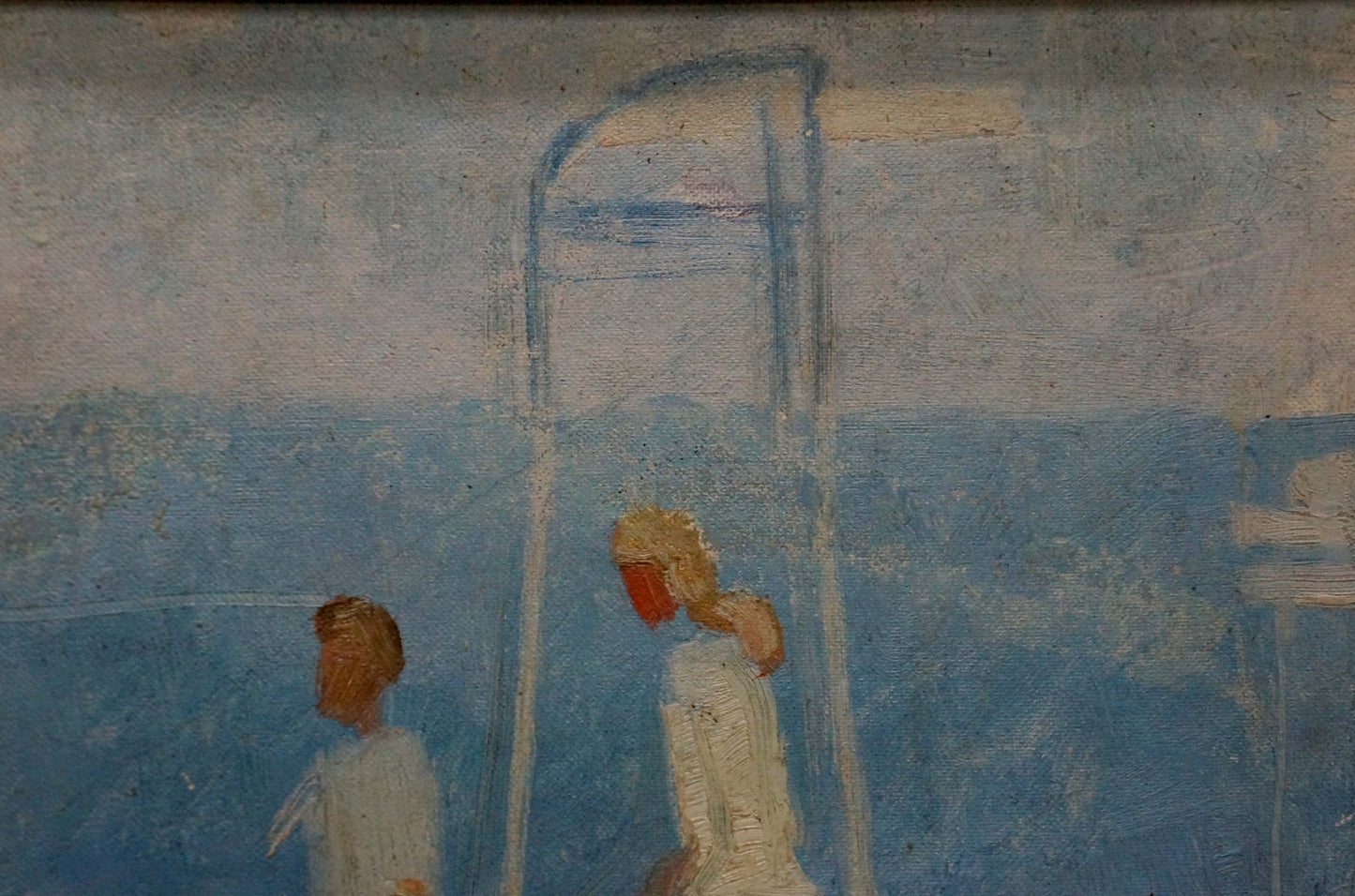 Soft blue oil painting of tennis players in white under curved archway