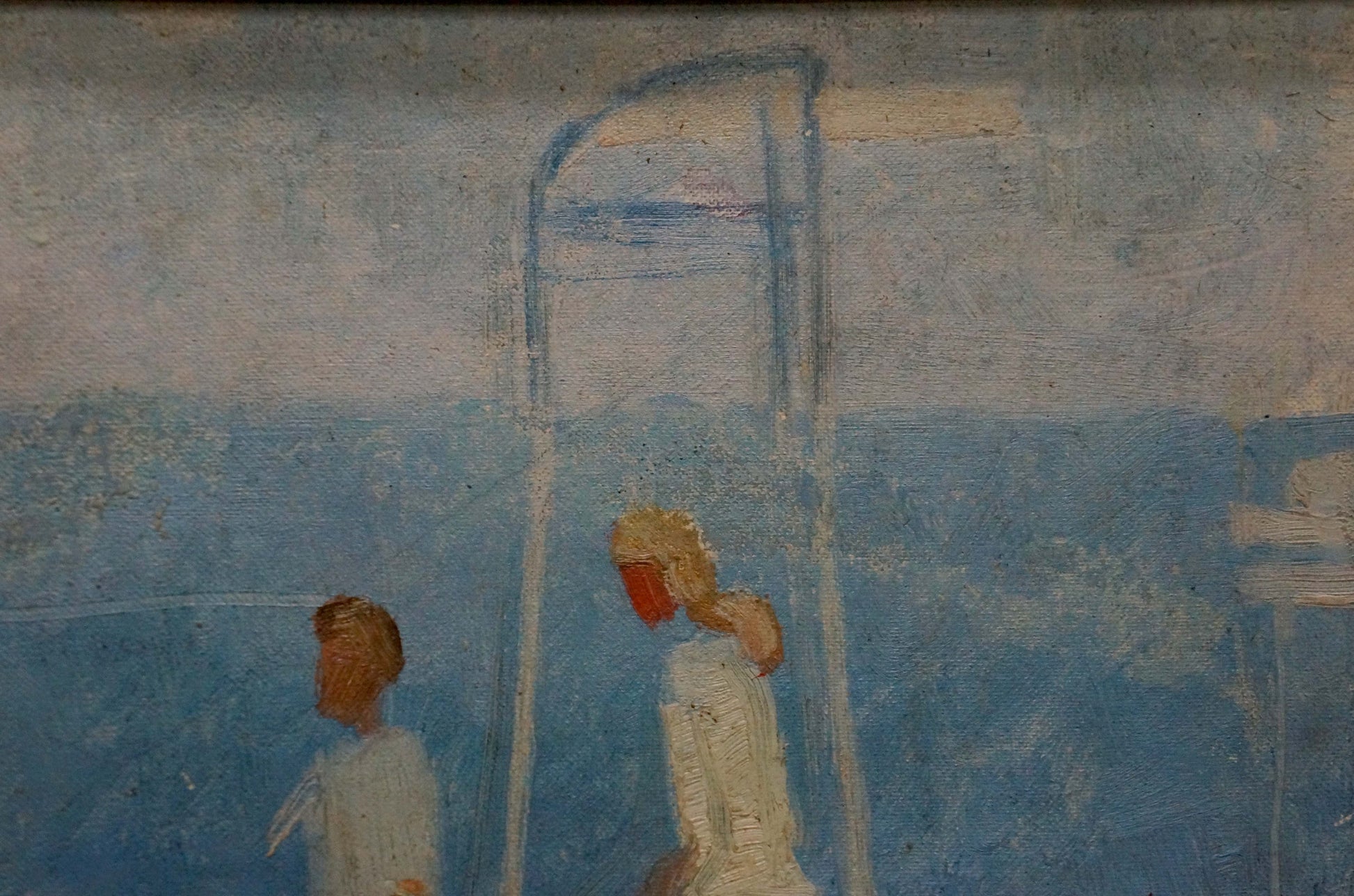Soft blue oil painting of tennis players in white under curved archway