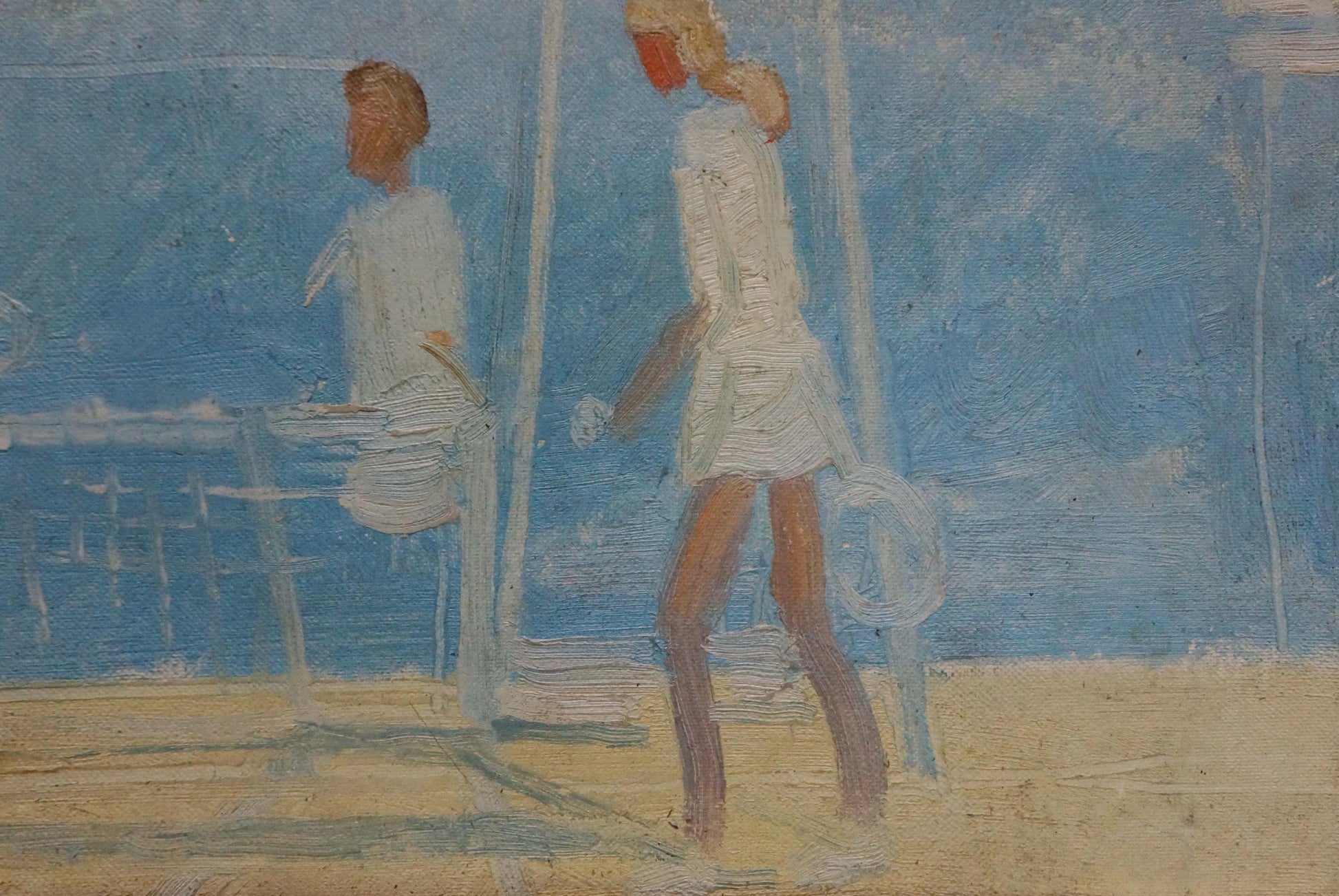 Impressionistic oil painting of tennis players in white on blue background