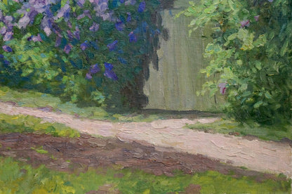 Oil painting of lilac blooms by the yard by Fedorov Nikolay Alekseevich
