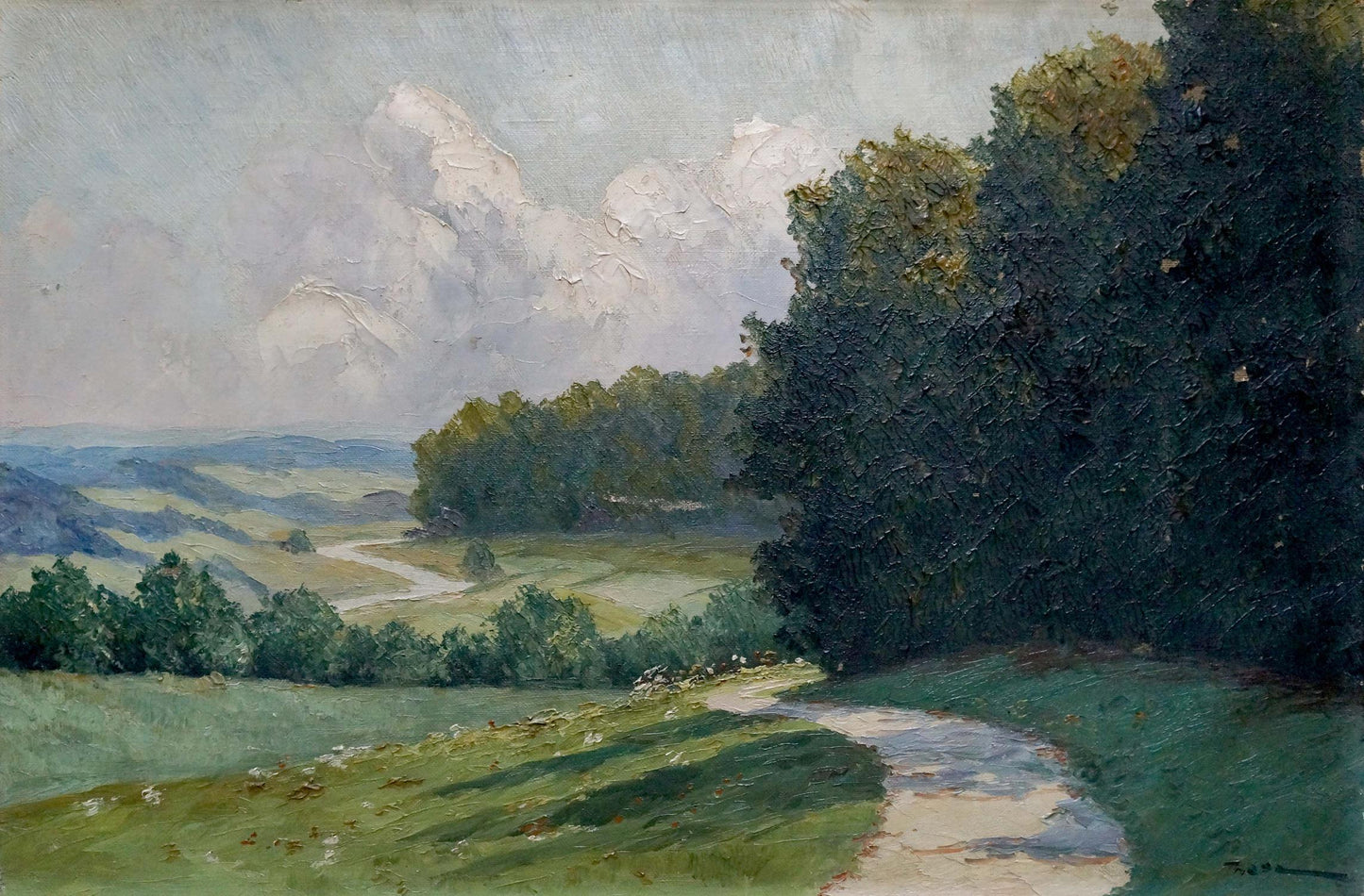 Oil painting of forest, long road through green hills by unknown artist