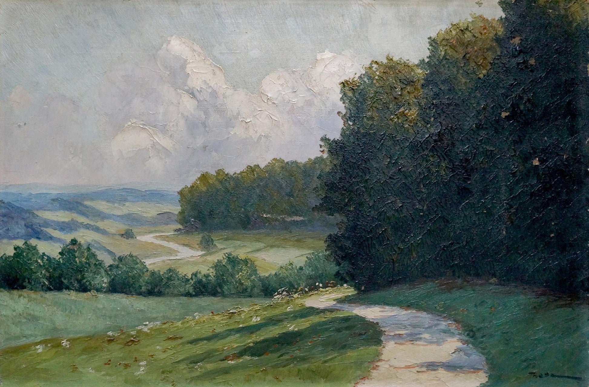 Oil painting of forest, long road through green hills by unknown artist