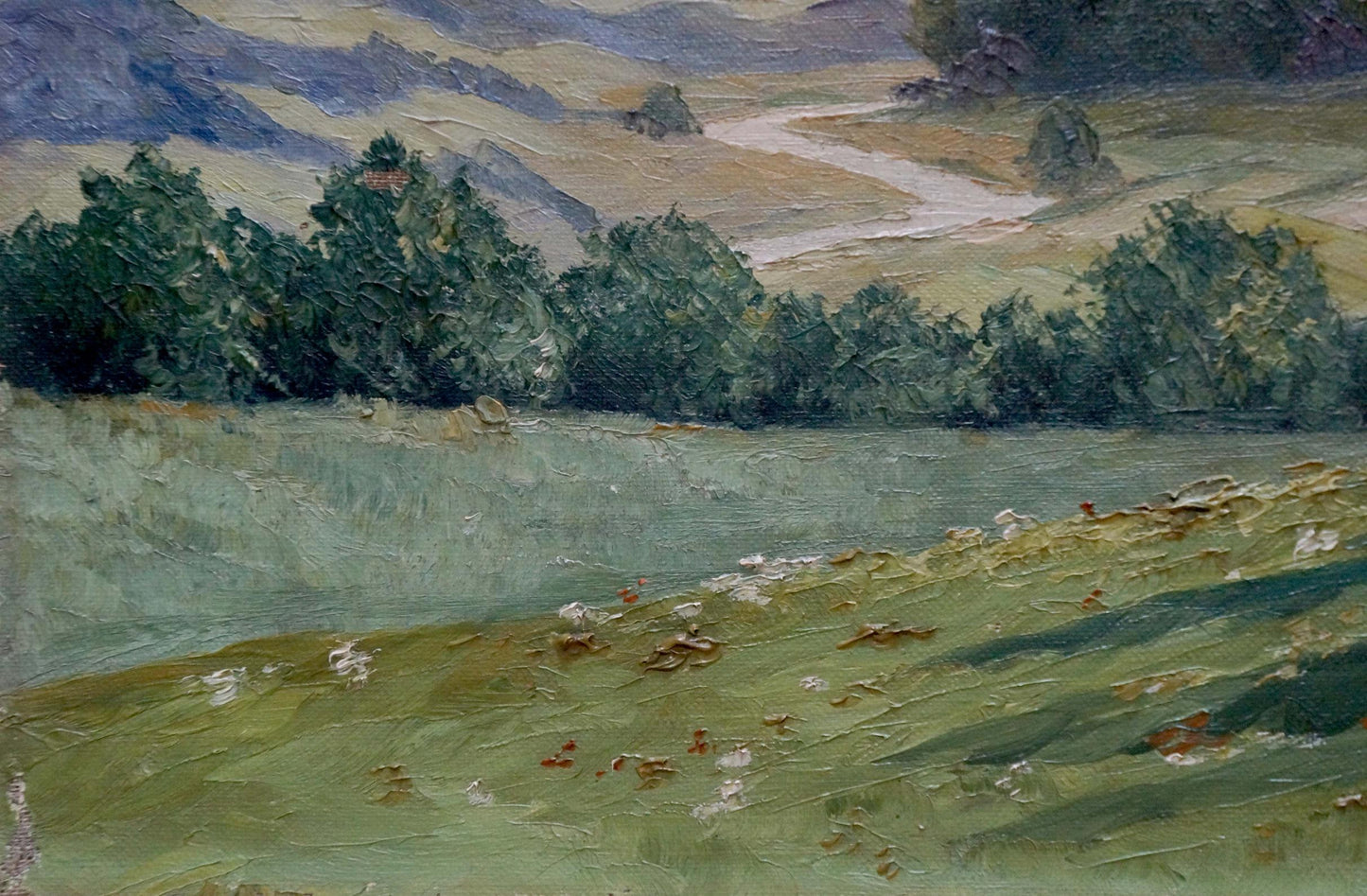Oil painting of forest, long road, hills, foliage, mountains by unknown artist