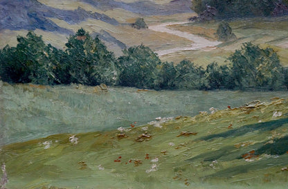 Oil painting of forest, long road, hills, foliage, mountains by unknown artist