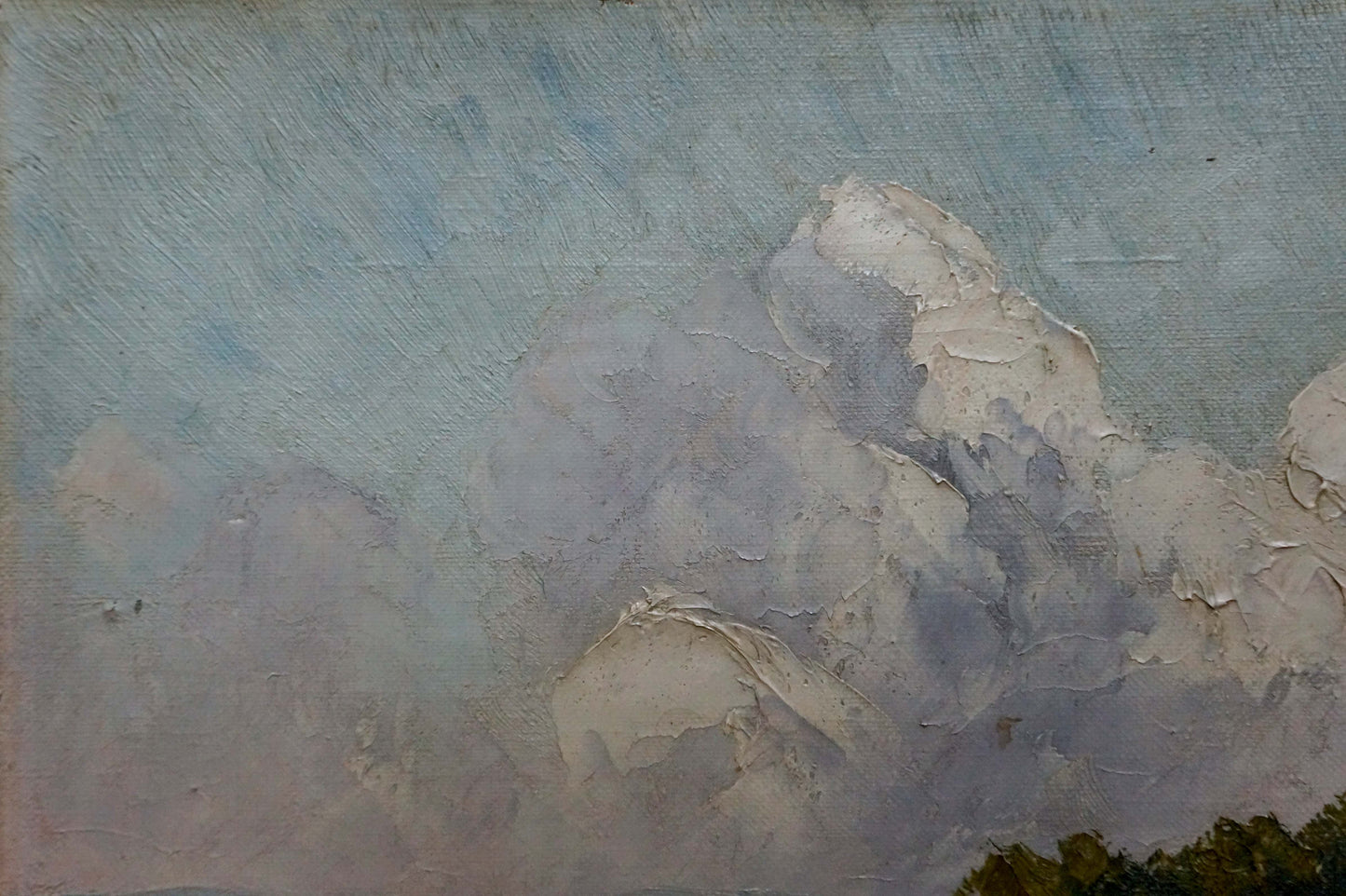 Textured oil painting of clouds over forest road, unknown artist