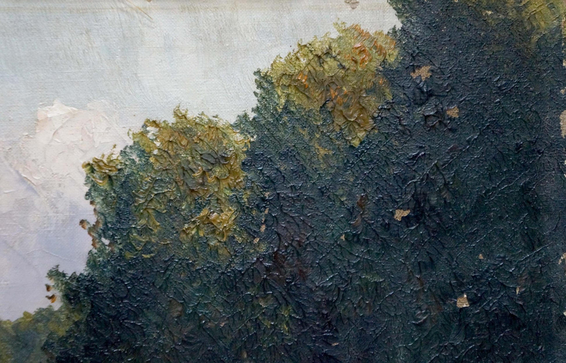 Textured oil painting of forest and long road with impasto tree in green hues