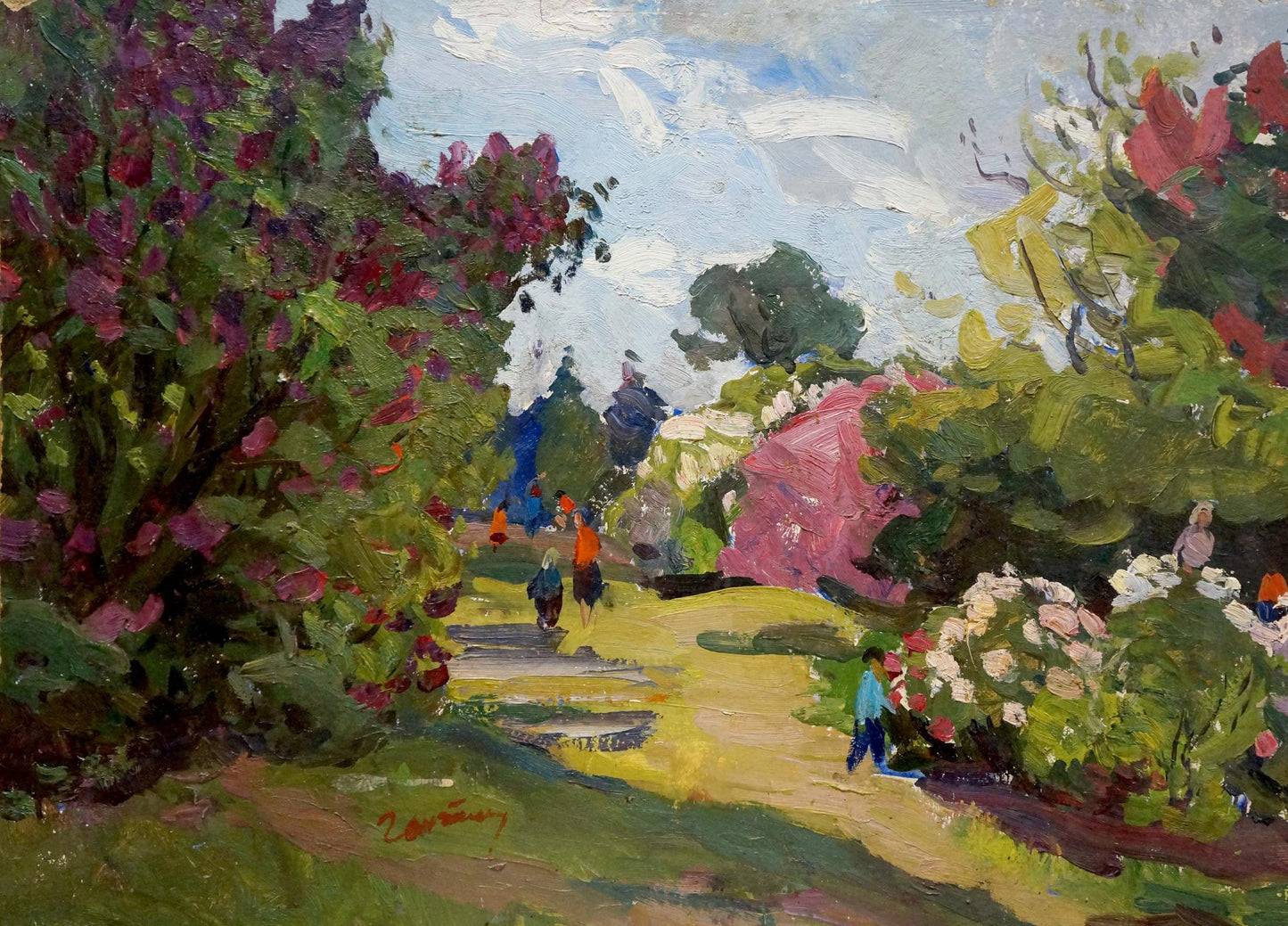 Vibrant impressionist oil painting by Gantman Moisey Faibovich of sunlit garden path