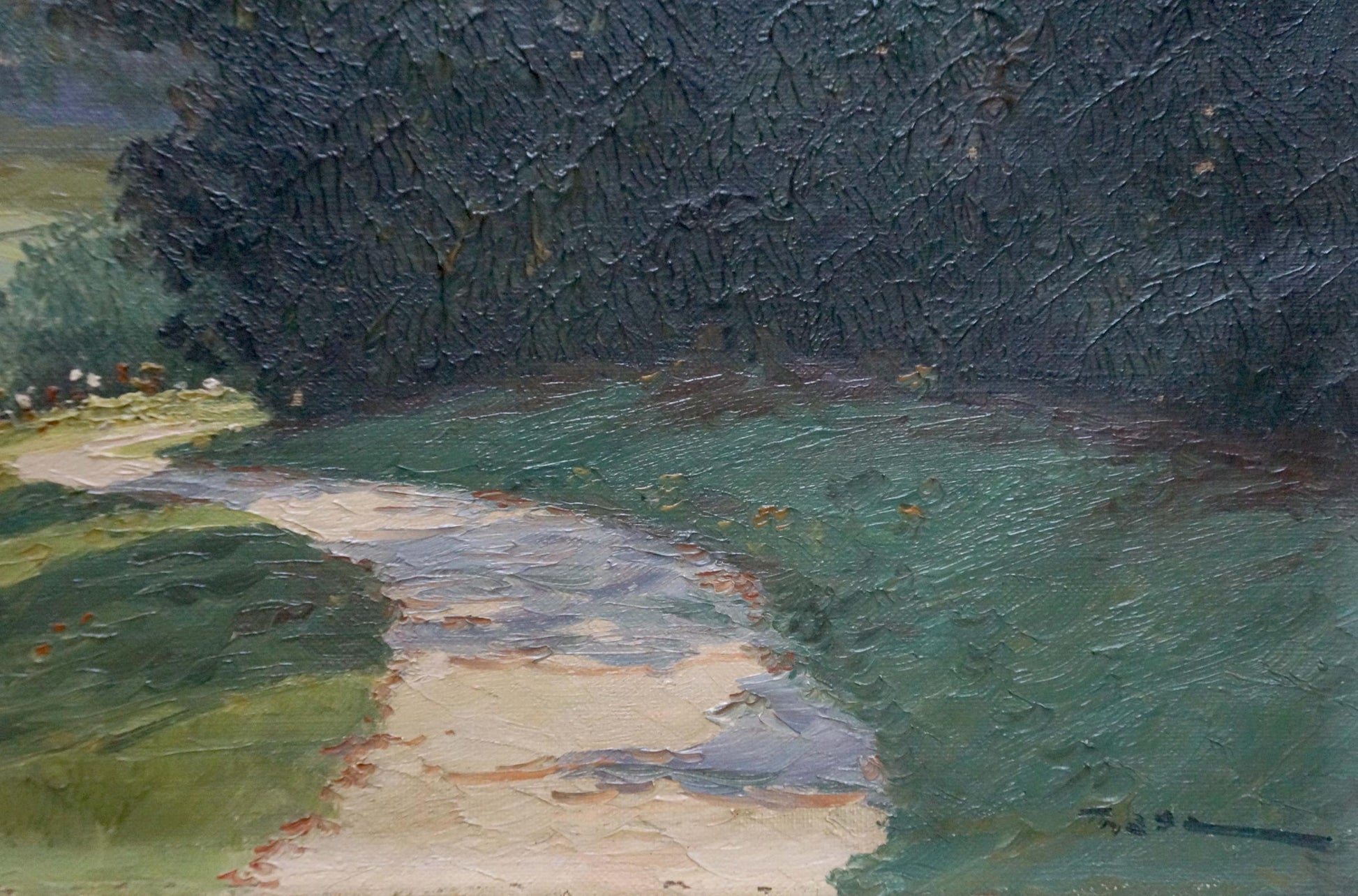 Oil painting of forest and long winding dirt road by unknown artist